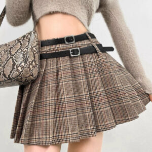 Khaki vintage double belts skirt